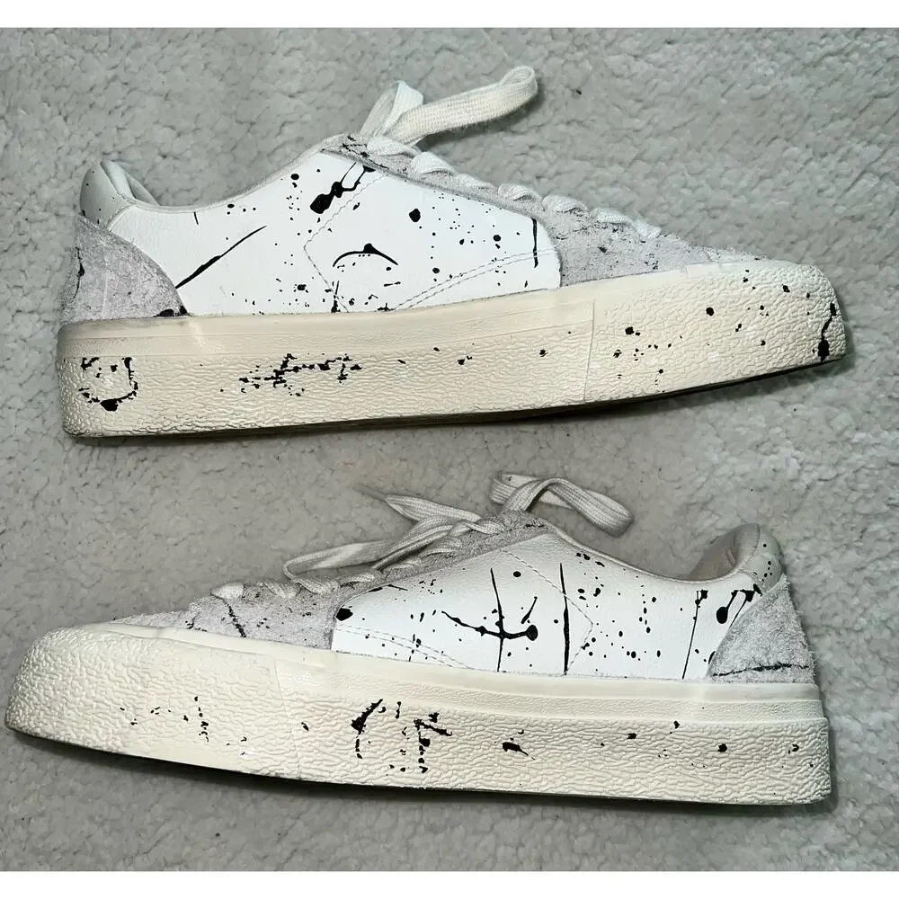 Zara Men's White and Black Leather Painted Sneakers - size 8 - I5